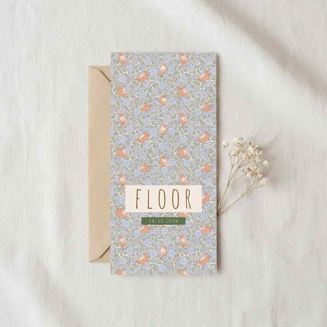Geboortekaartje patroon bloemen vogels