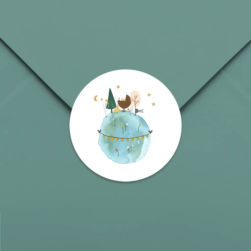 Sluitsticker met een wereldbol en slingers - per 25 stuks