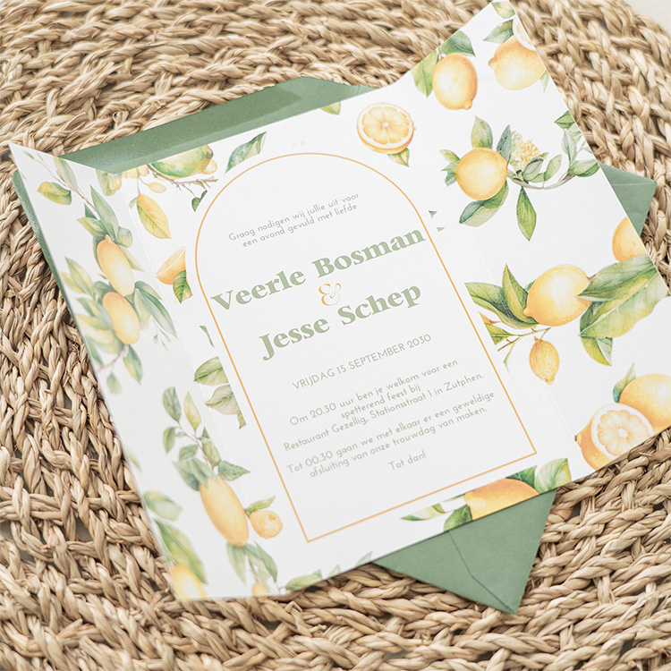 Drieluik trouwkaart met citroentjes