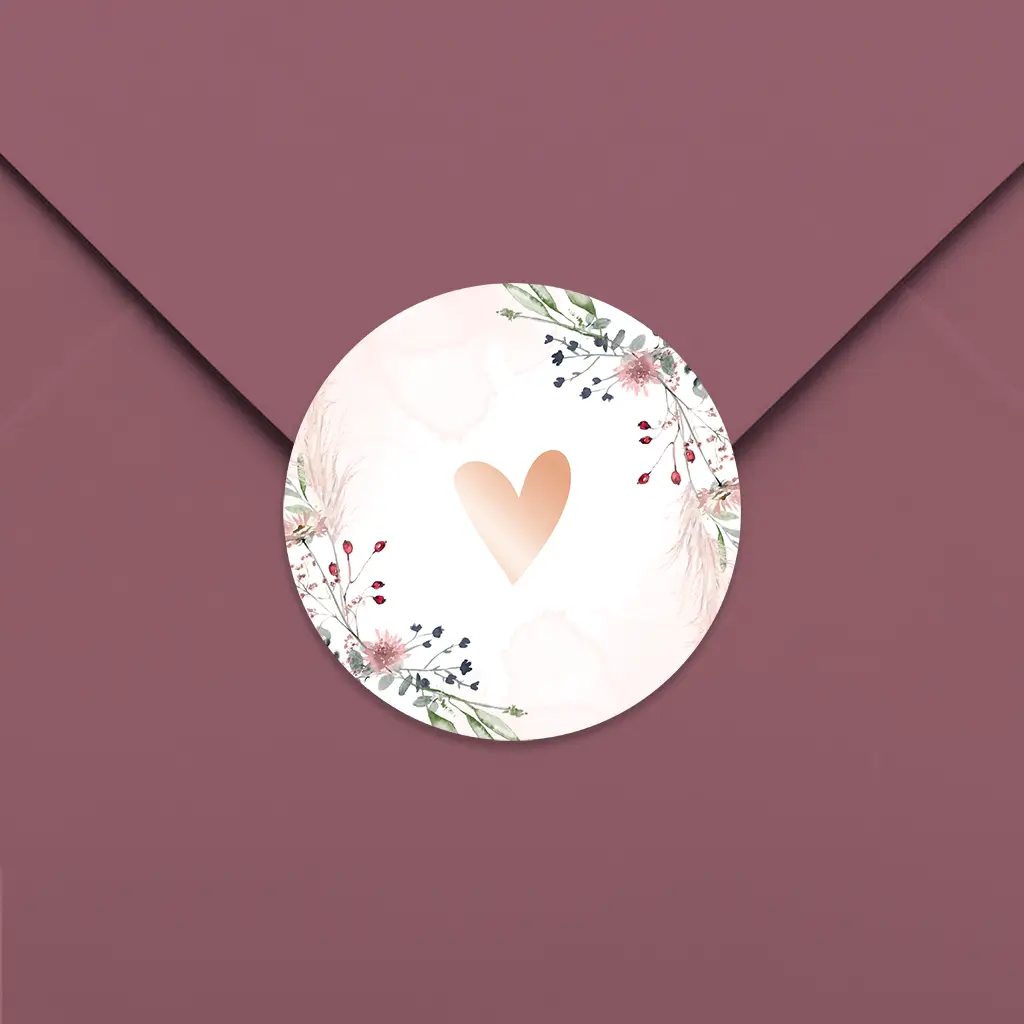 Sluitsticker met bloemen op roze aquarel - per vel
