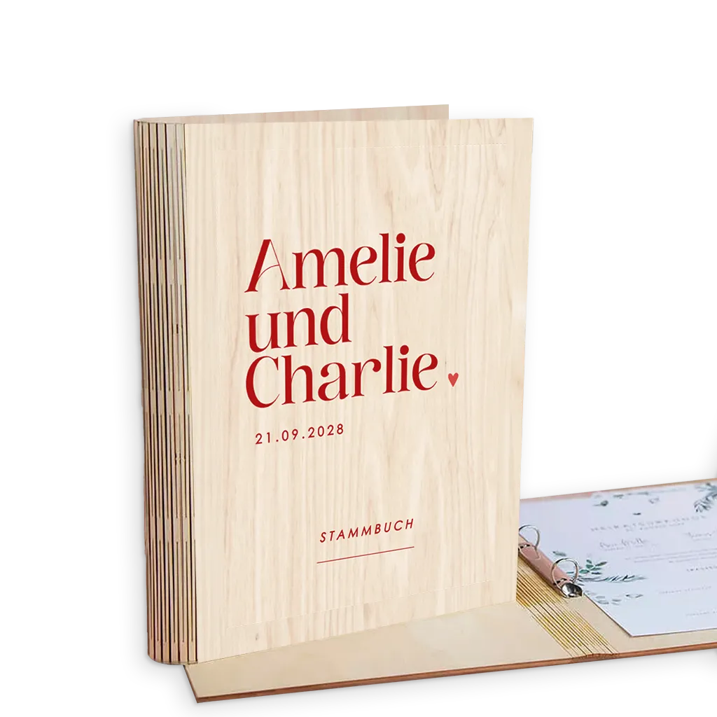 Colorblocking Stammbuch Hochzeit mit großen Namen in Rot und Herz