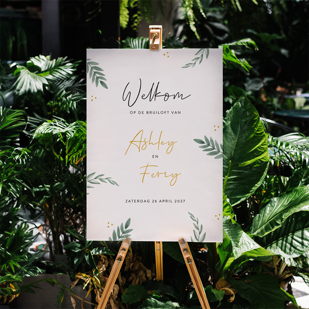 Welkomstbord met groene waterverf-blaadjes