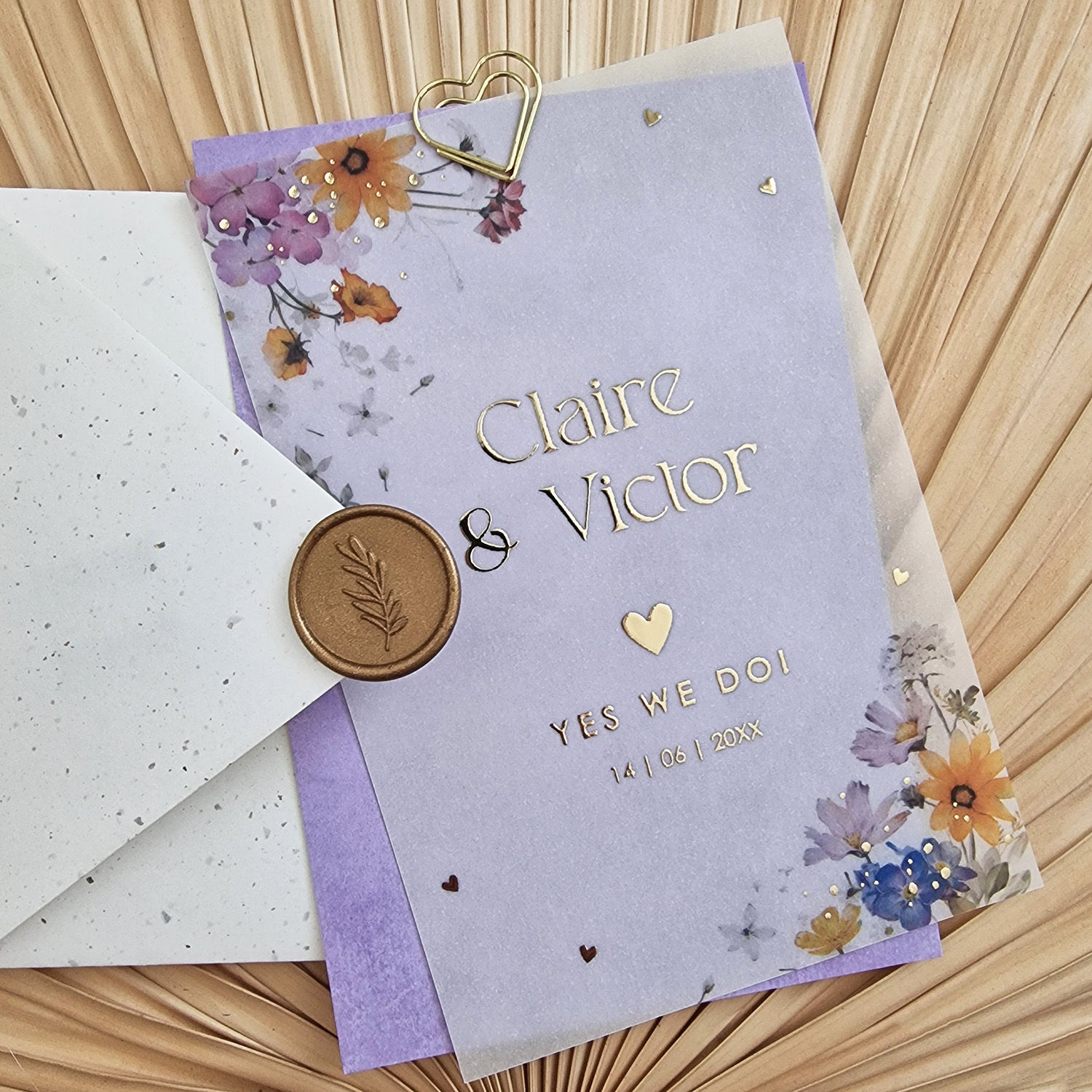 Trouwkaart kalkpapier kleurrijke bloemen goudfolie (set 2 kaarten)