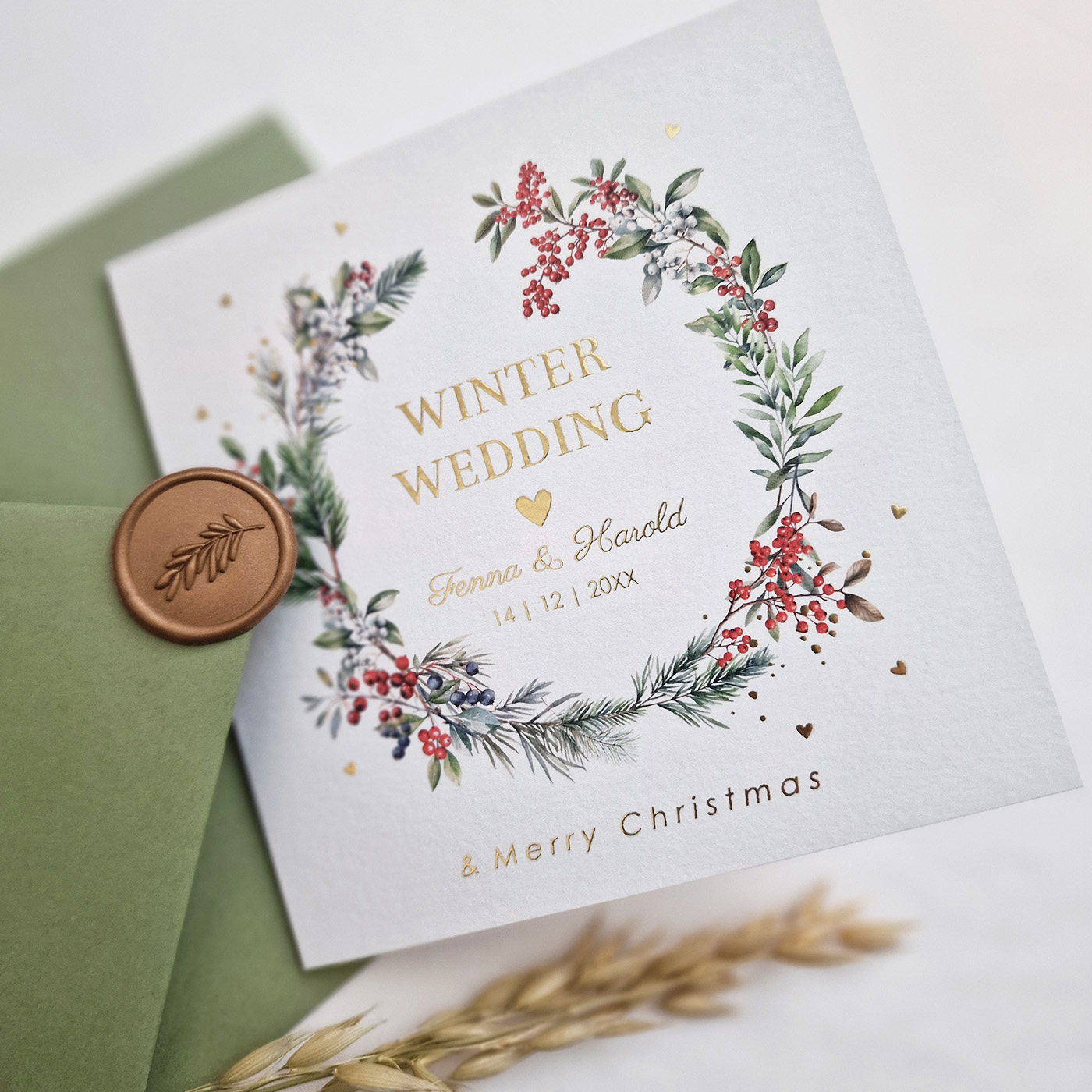Winter wedding trouwkaart kerst krans Red Berries Christmas