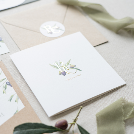 Faire-part de mariage élégant avec initiales en dorure et oliviers