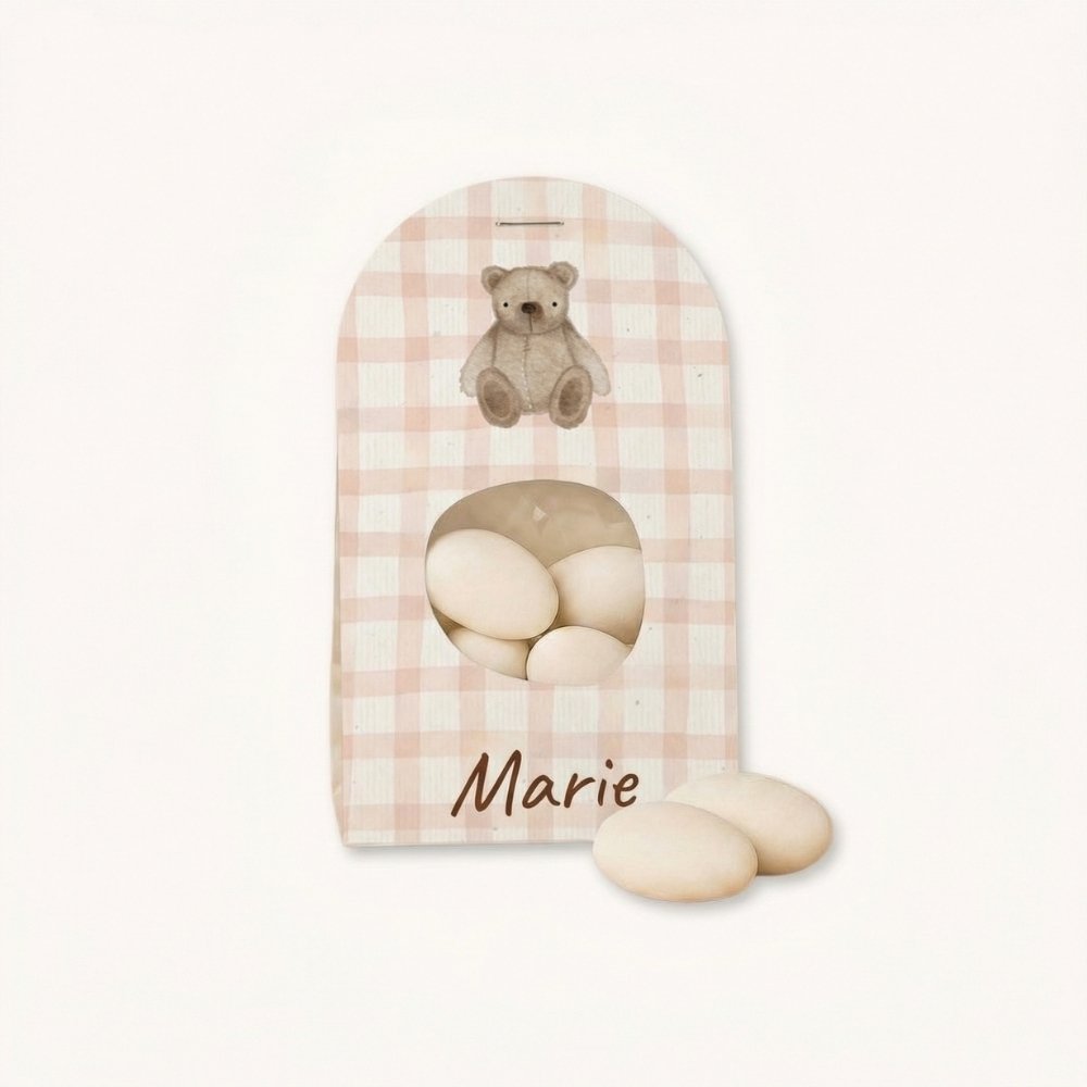 Doopsuiker wikkel meisje teddybeer roze ruitjes patroon