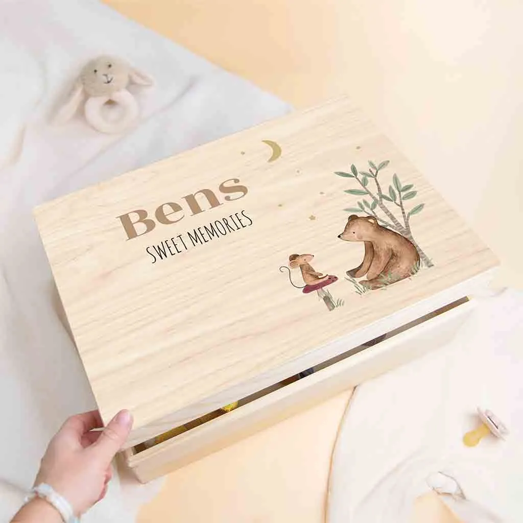 Erinnerungskiste für das erste Babyjahr mit Maus und Bär in der Nacht