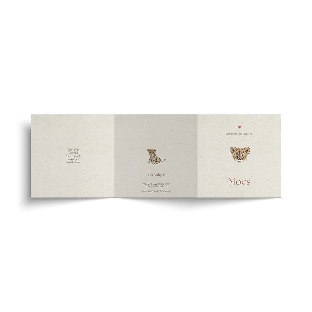 Unisex zigzag geboortekaartje met illustratie leeuwtje