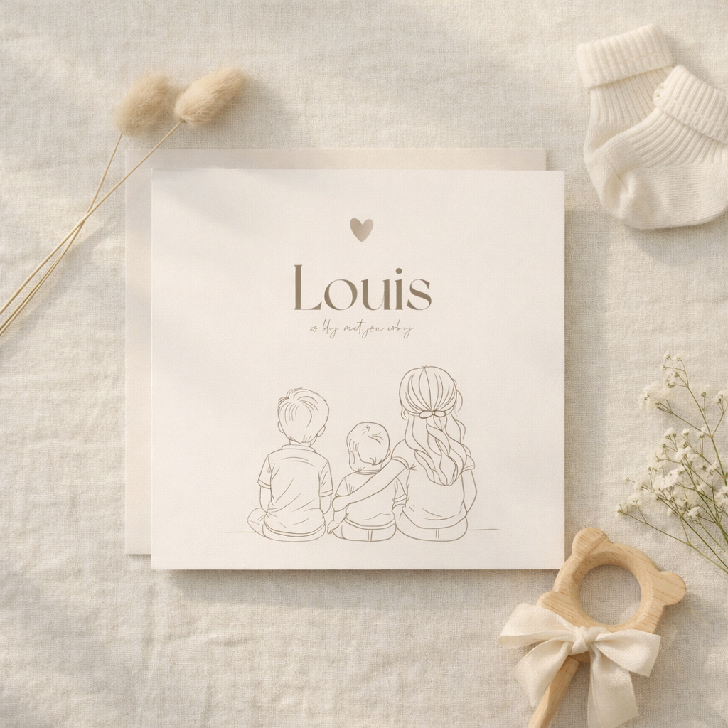 Hoogglans derde kindje geboortekaartje voor een jongen met lijntekening