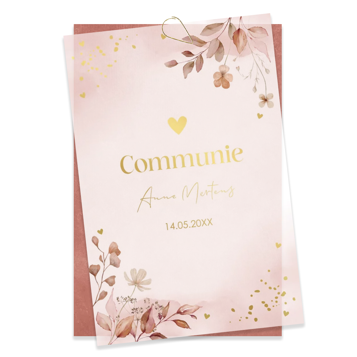 Deel 1 - kalkpapier voorkant communie uitnodiging bloemen goudfolie