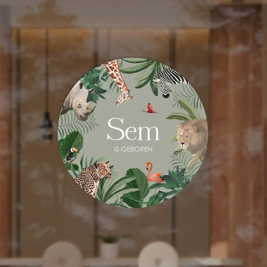 Raamsticker rond met jungle dieren en naam