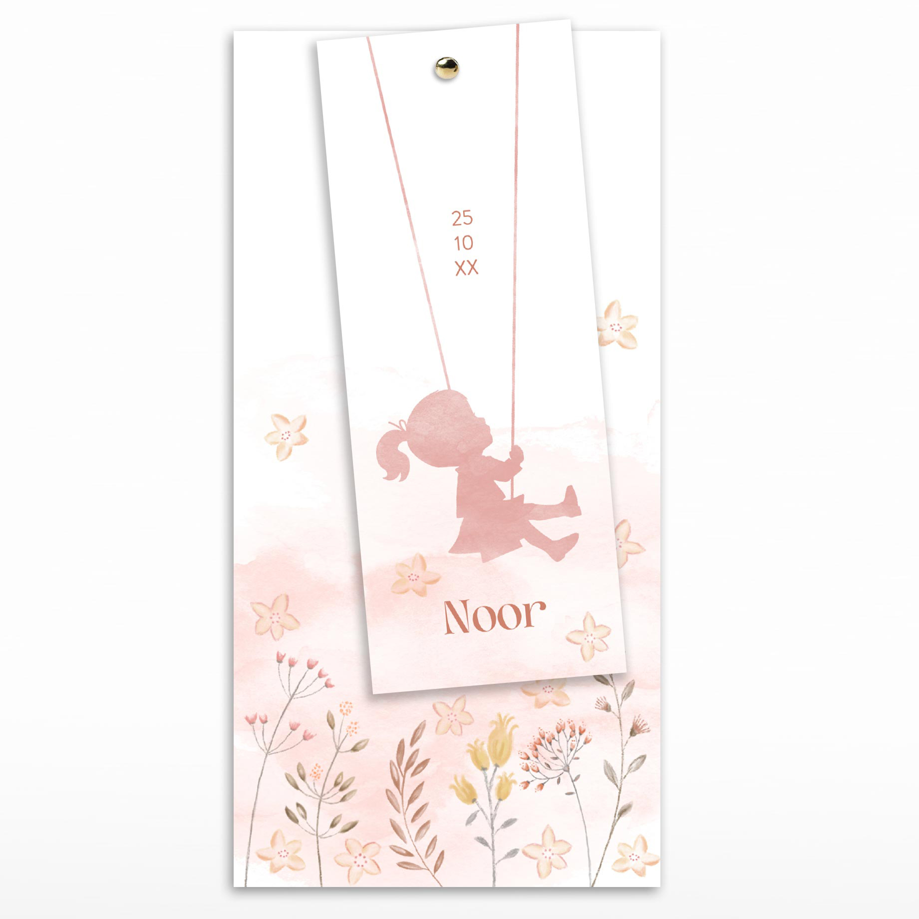 2‑delig geboortekaartje met een meisje op een schommel