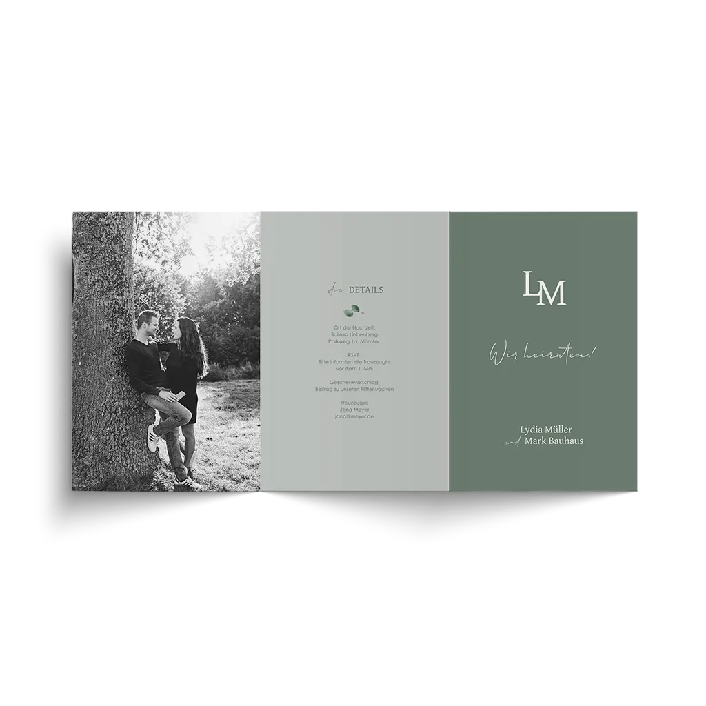 Leporello Hochzeitseinladung in Weiß und Grün mit Eukalyptuszweigen