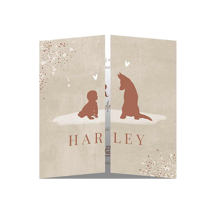 Beige luikvouw geboortekaartje baby met hond