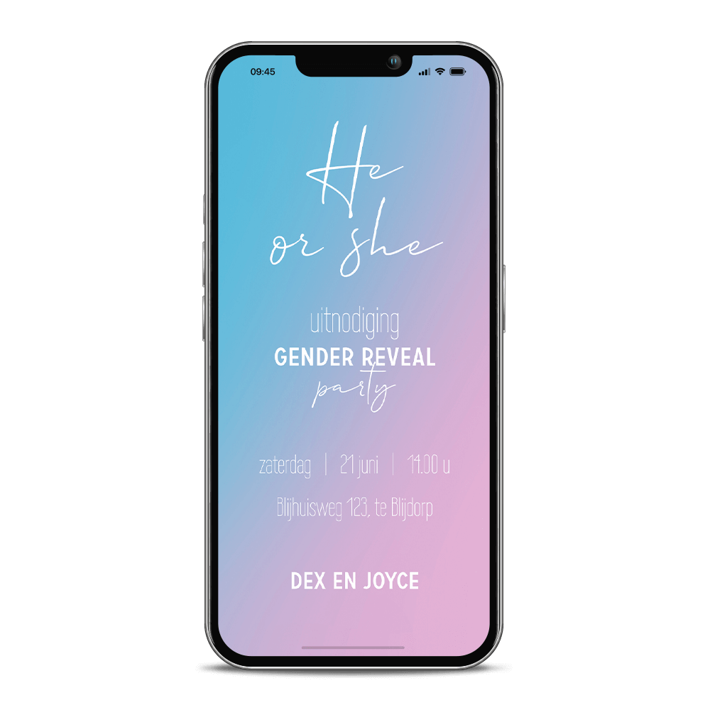 Gender reveal digitale uitnodiging he or she 