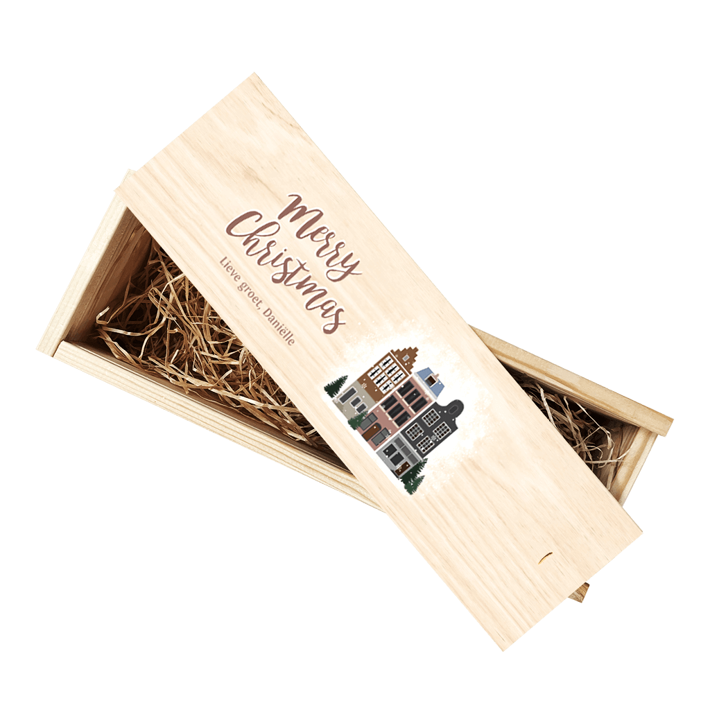 WIjnkist met vrolijke kersthuisjes en kerstwens