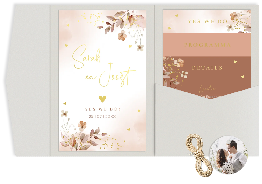 Pocketfold set trouwkaart bloemen terracotta watercolour goudfolie