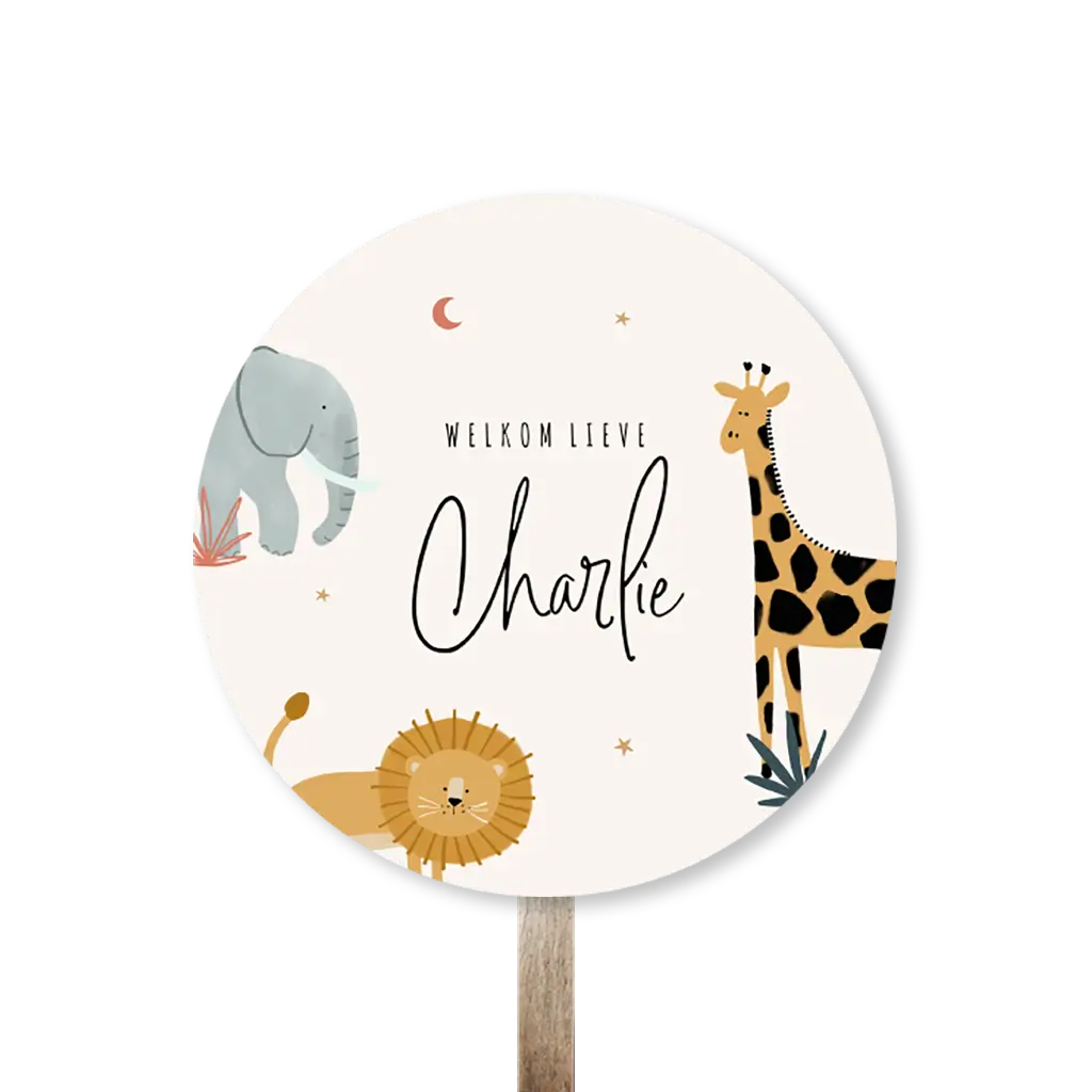 Tuinbord met illustraties van jungledieren, maantje en sterretjes