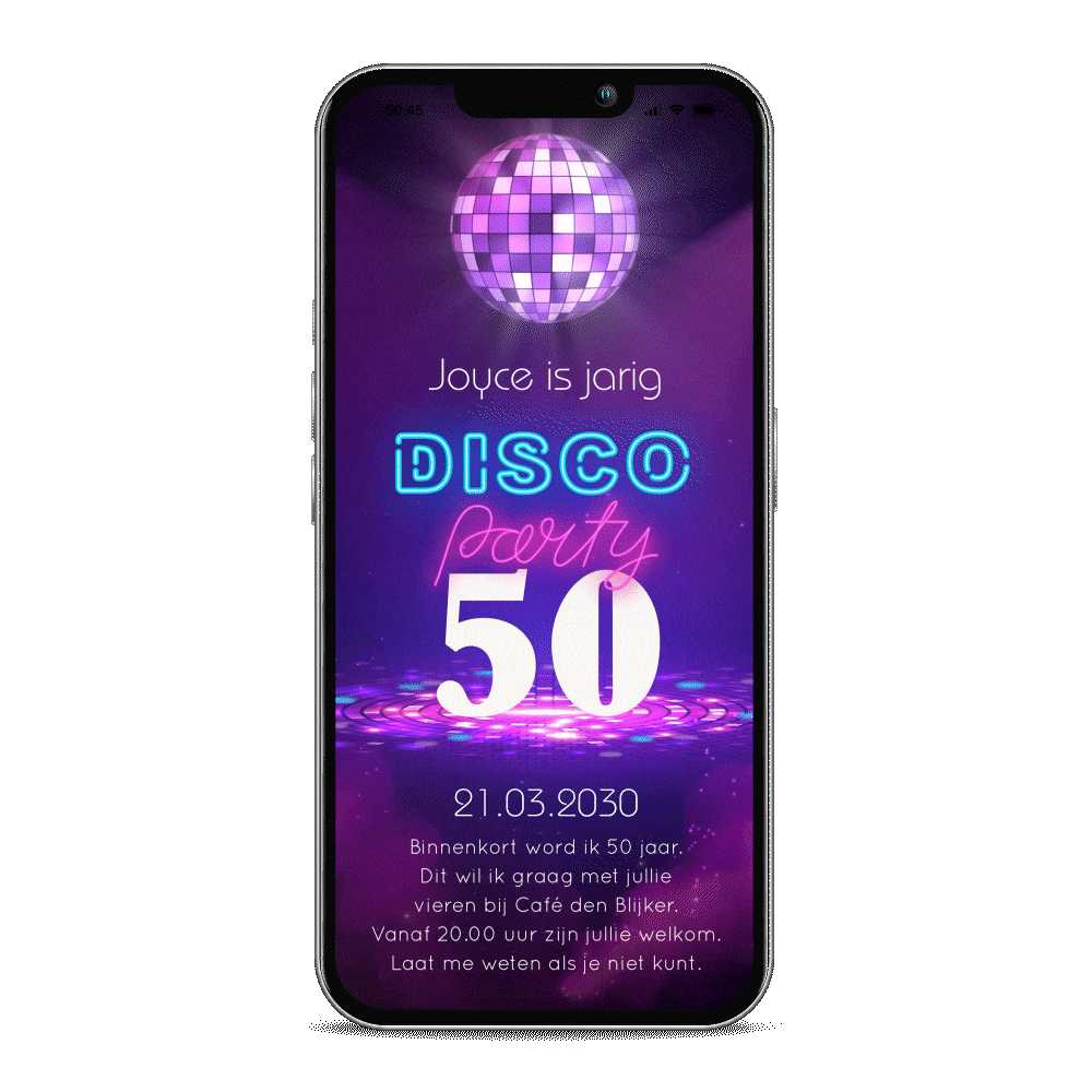 Digitale uitnodiging verjaardag 50 jaar met bewegende discobol