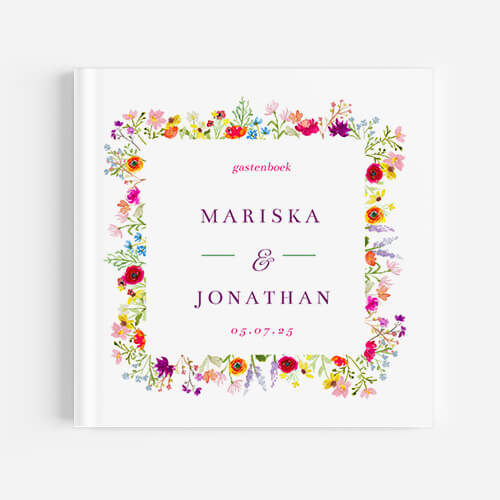 Vrolijk gastenboek voor jullie bruiloft met kleurrijke veldbloemen