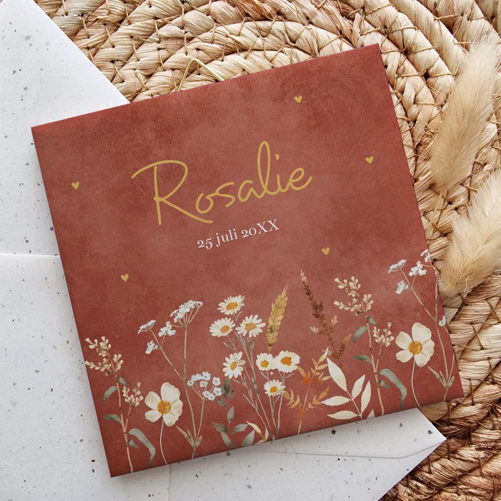 Geboortetegeltje roestbruin veldbloemen meisje