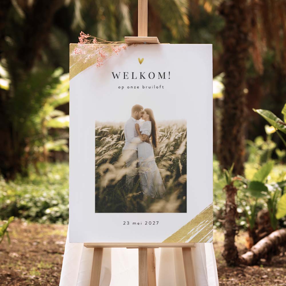 Klassiek welkomstbord met gouden vegen en foto