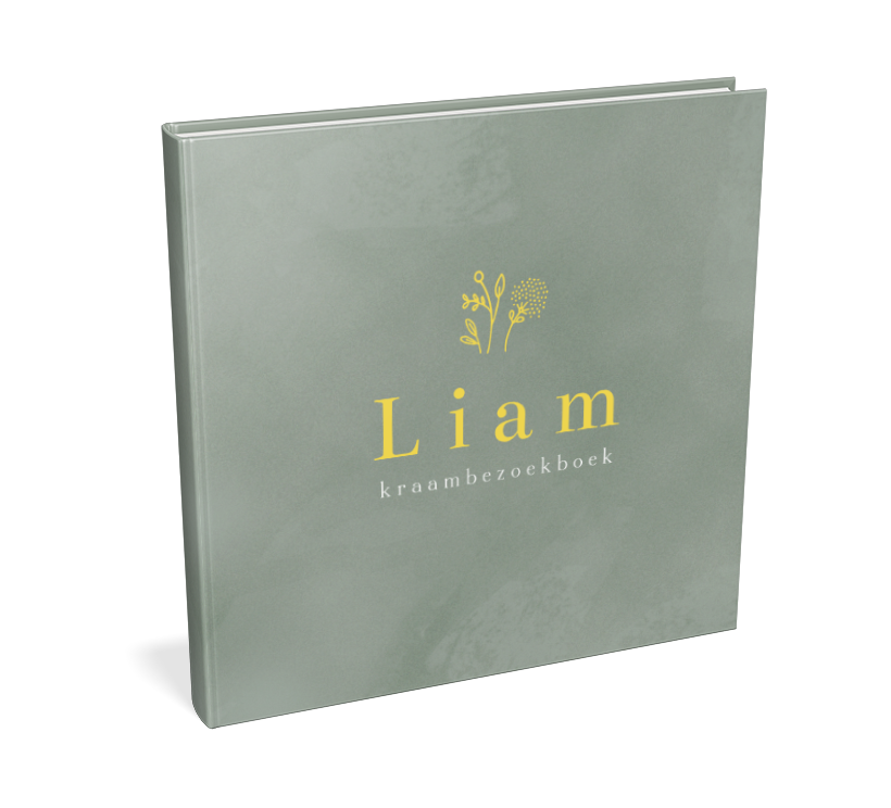 Groen kraambezoekboek velvet-look met takje boven de tekst