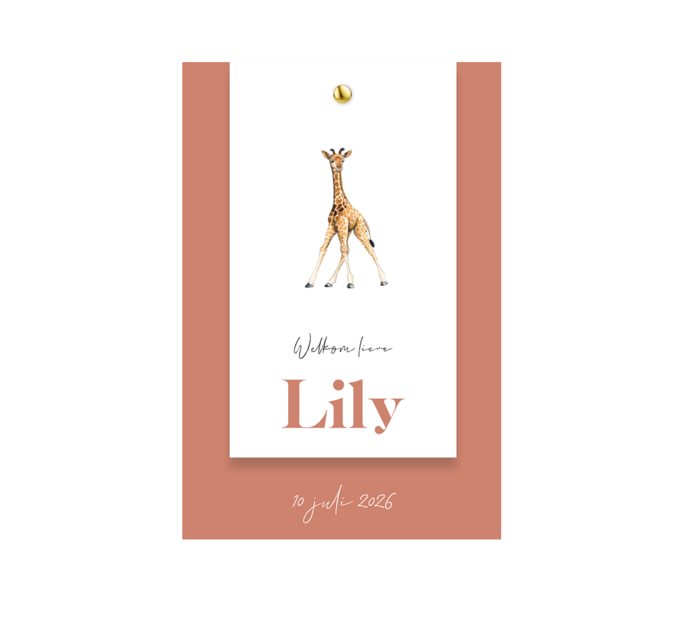 Roze label geboortekaartje meisje met illustratie van giraffe
