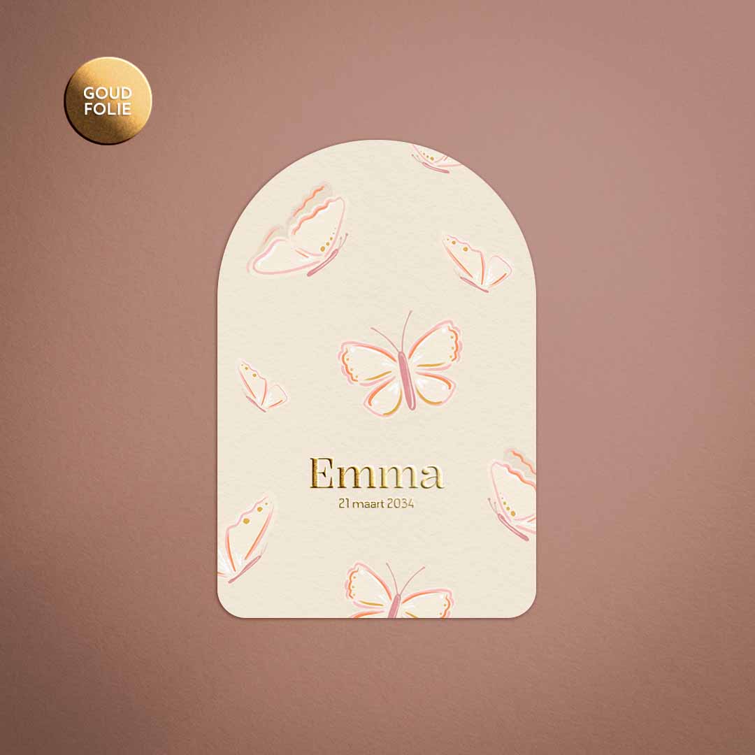 Geboortekaartje afgeronde boog met vlinderpatroon
