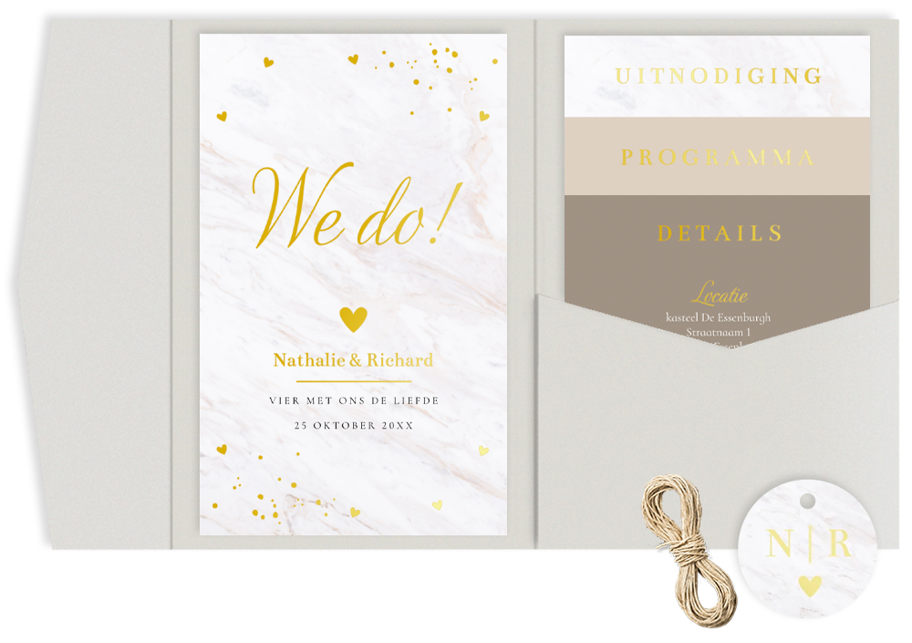 Pocketfold trouwkaart wit marmer look beige goudfolie