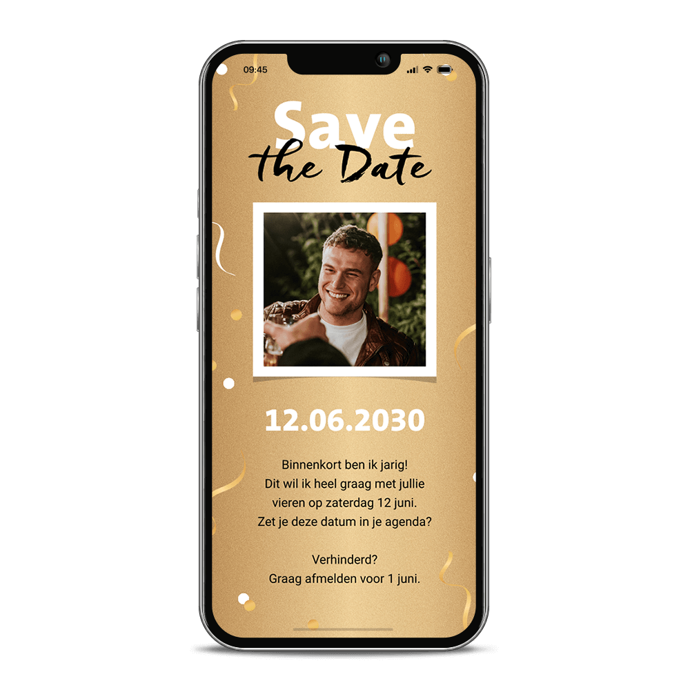 Digitale Save the Date verjaardagsfeest met goudlook en foto
