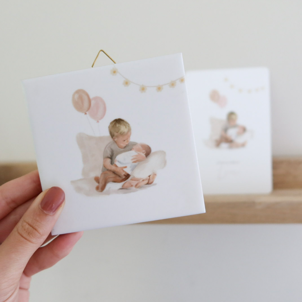 tegeltje geboorte olieverf broertje met baby