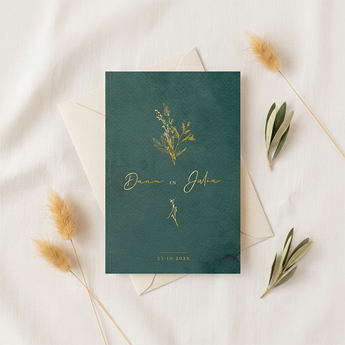 Trouwkaart goudfolie veldbloemen groen watercolor