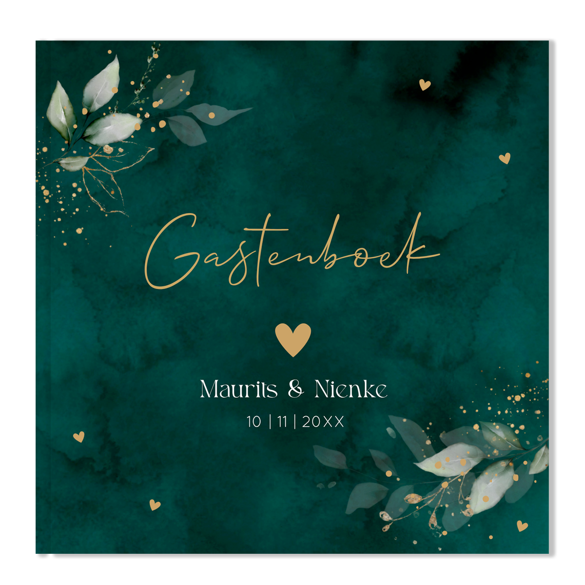 Gastenboek bruiloft donkergroen watercolor bladeren spetters