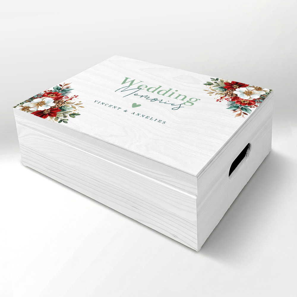 Bruiloft memorybox met namen datum kerst bloemen