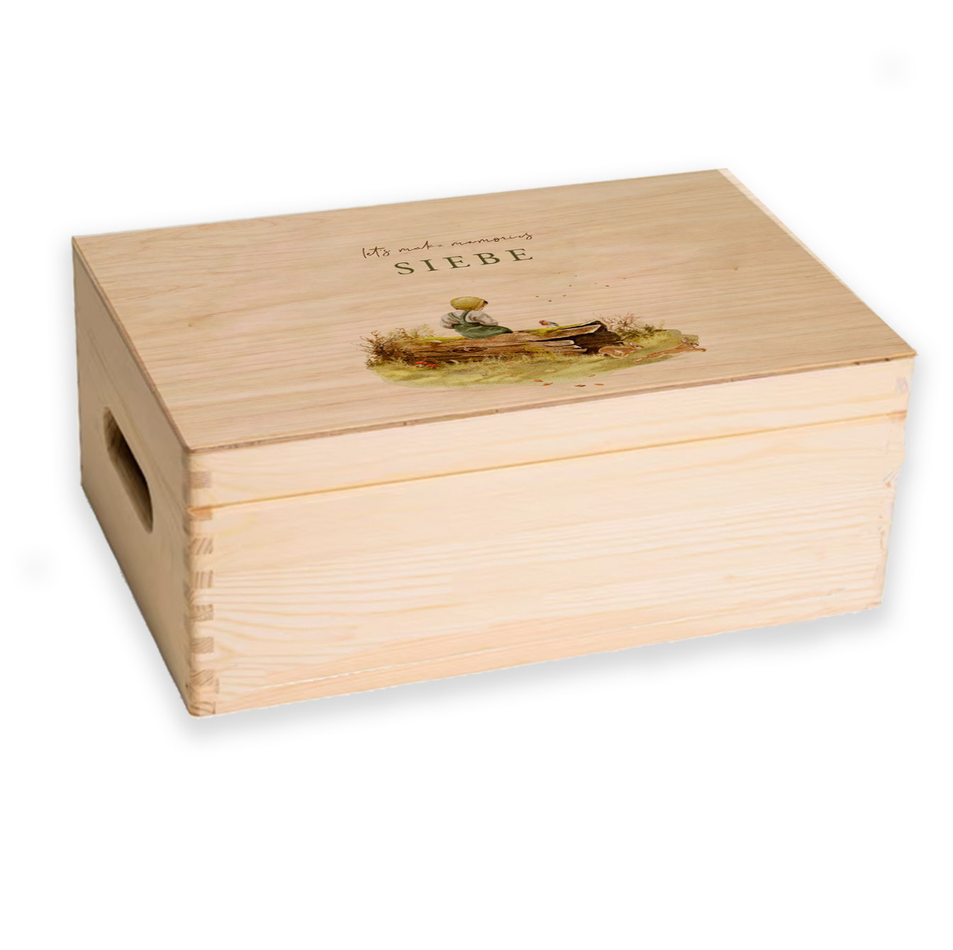 Memorybox getekend jongen boomstam bos hazen
