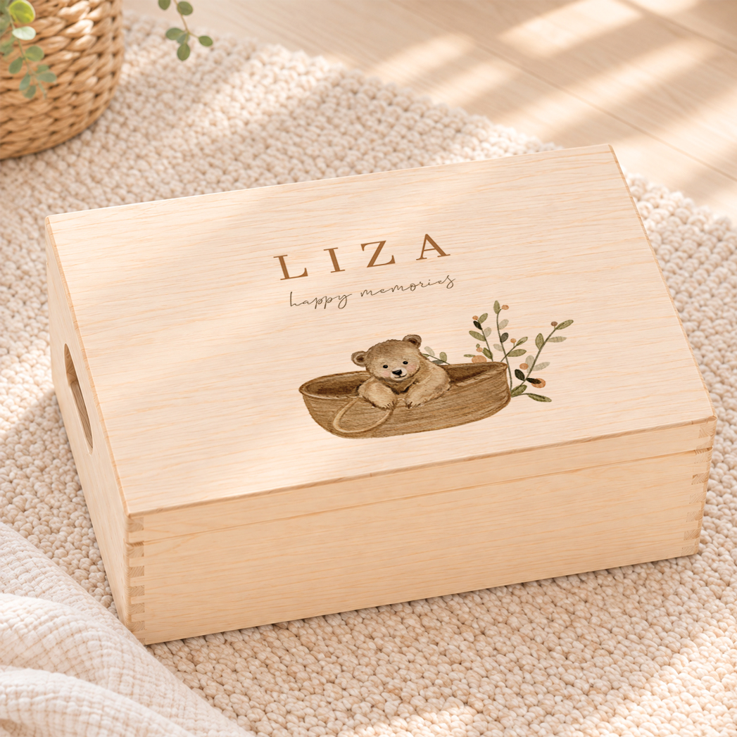 Memorybox geboorte beer in mandje