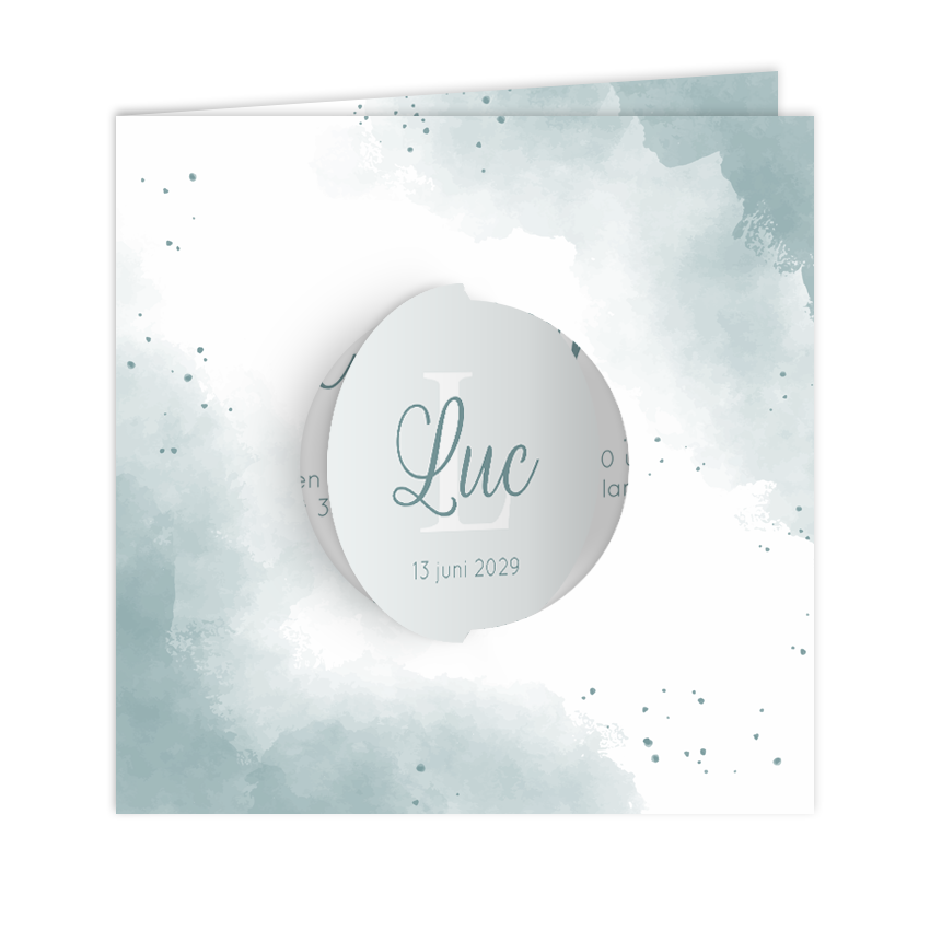 Geboortekaartje met draai rondje en groen blauwe waterverf