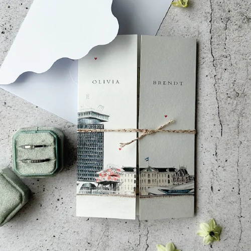 Luikvouw trouwkaart met Amsterdam city line illustratie