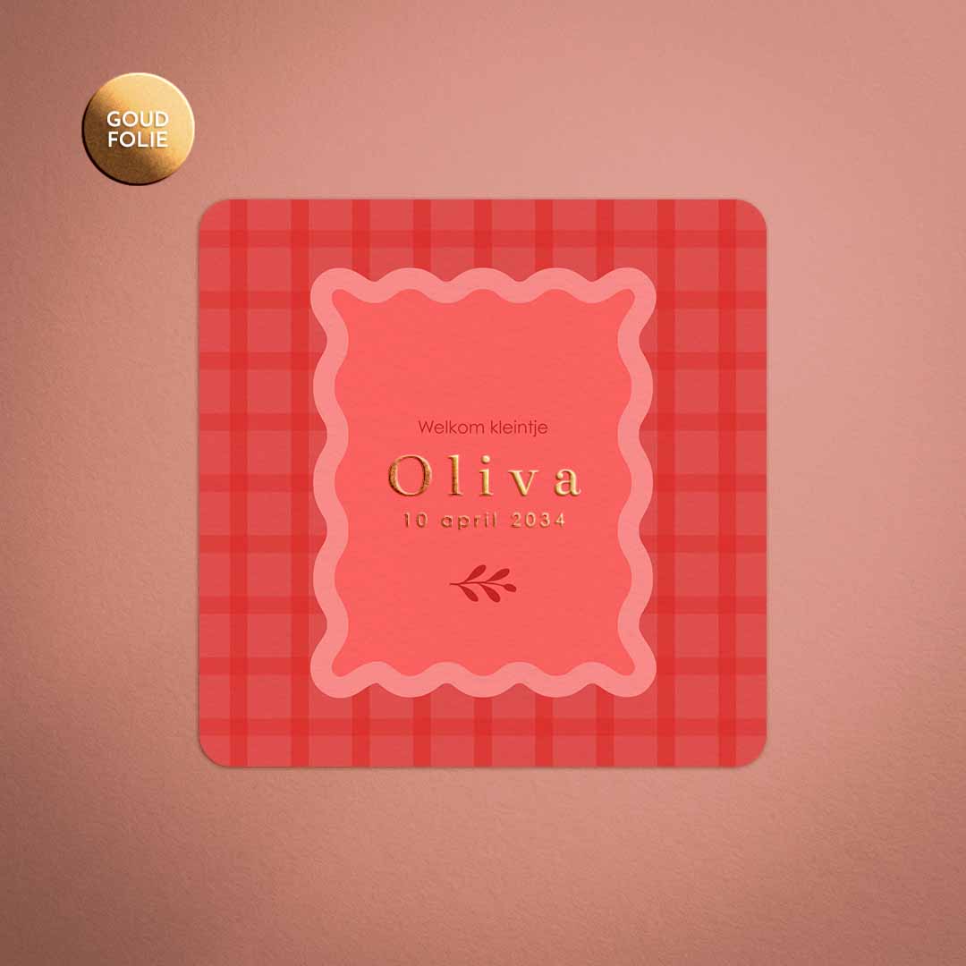 Kleurig geboortekaartje met ruitjes en goudfolie voor een meisje