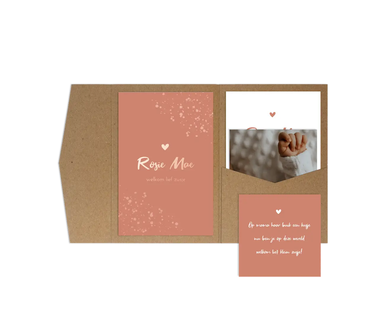Pocketfold geboortekaartje peach met roségoudfolie
