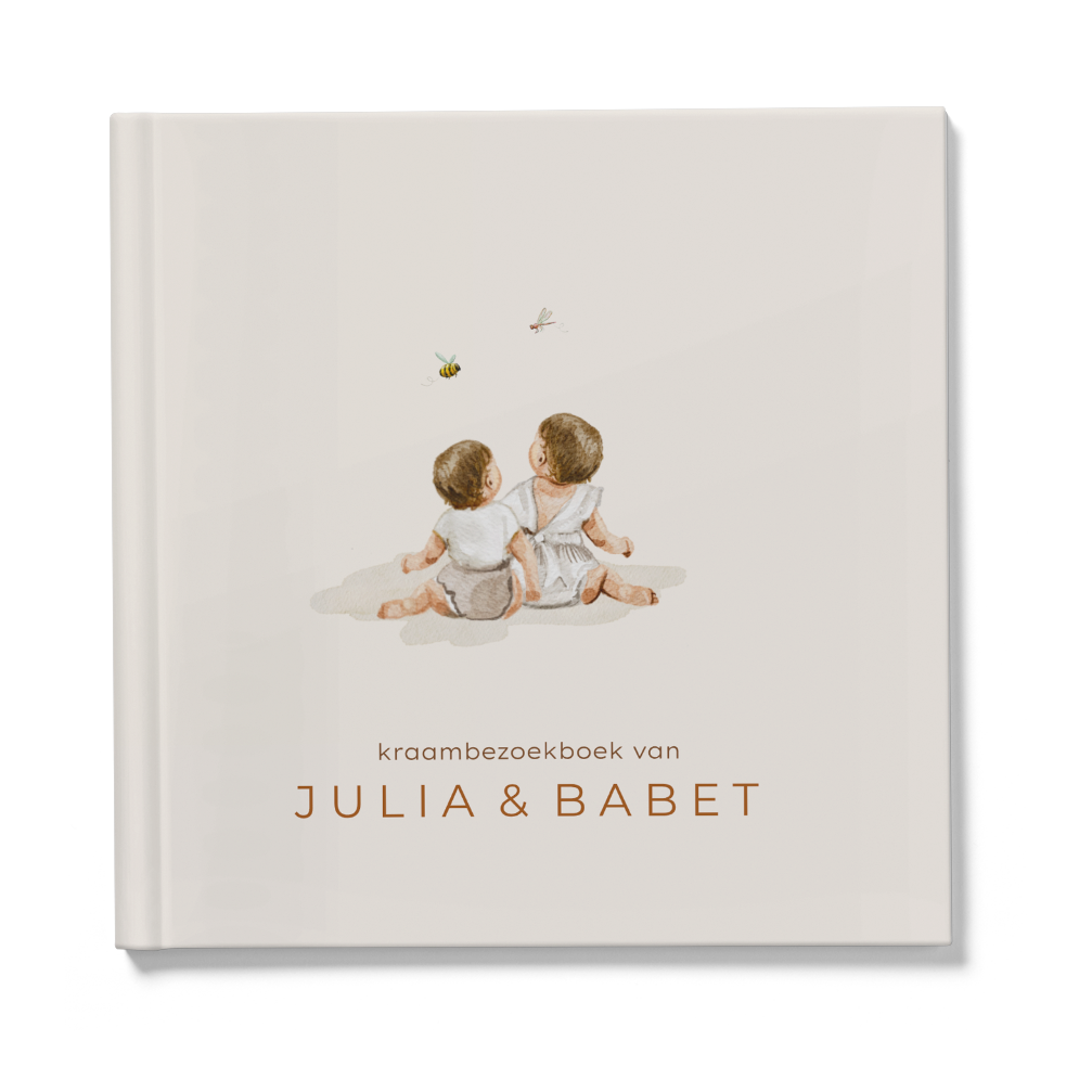 Zomer kraambezoekboek tweeling met meisjes bijtje getekend