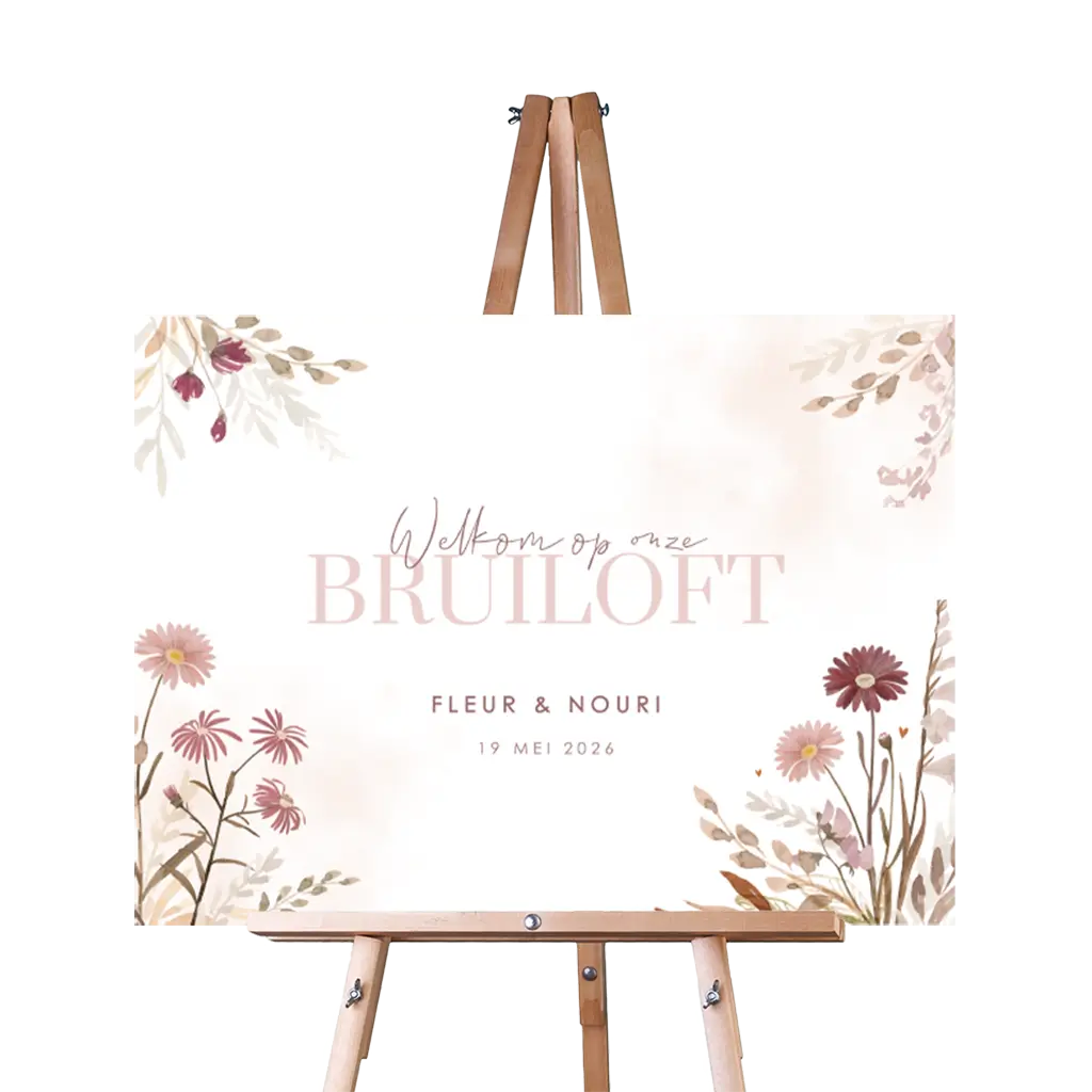 Stijlvol welkomstbord met bloemen en roze water color
