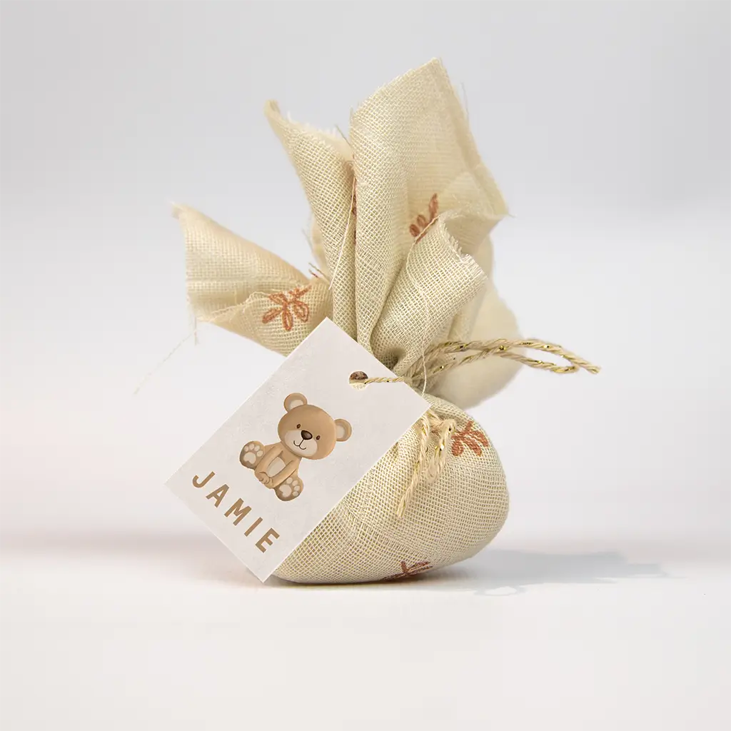 Doopsuiker labeltje beige met lief beertje - per 18 stuks