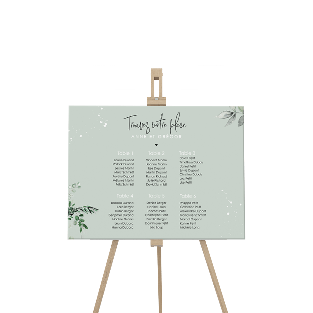 Panneau plan de table avec fond couleur amande et délicates feuilles