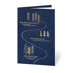 Geschäftliche Weihnachtskarte dreierlei Wünsche mit festlichen Bäumen