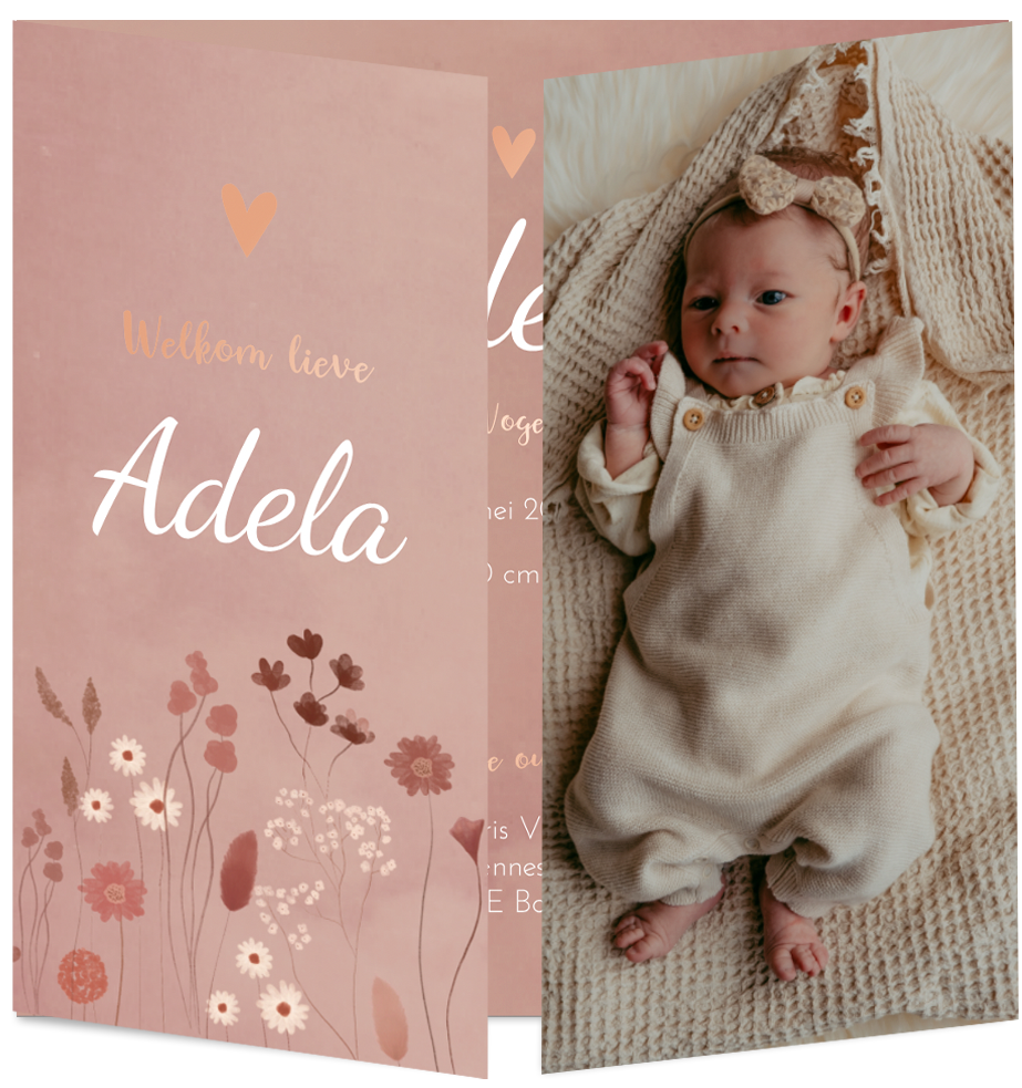 Geboortekaartje Babyfoto Luikkaartje Droogbloemen Roze