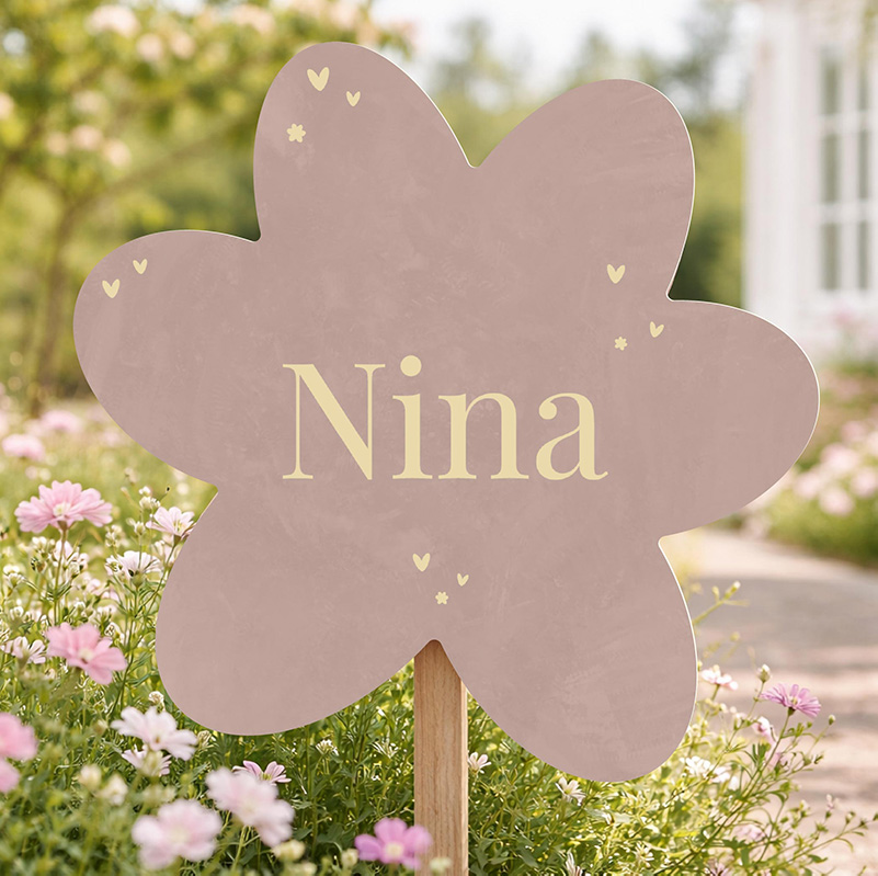 Geboorte tuinbord bloemvorm oudroze met goudfolie en naam - Nina