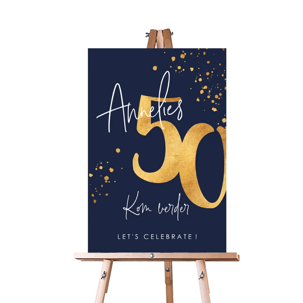 Stijlvol welkomstbord met gouden verfspetters