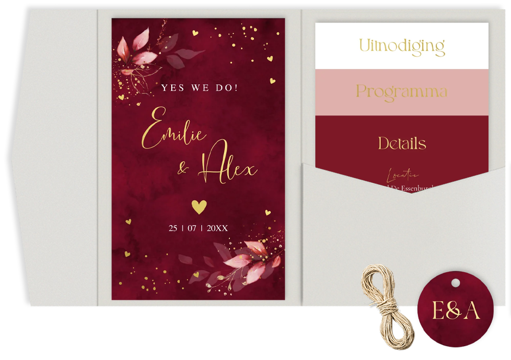 Pocketfold trouwkaart rood floral botanisch goudfolie